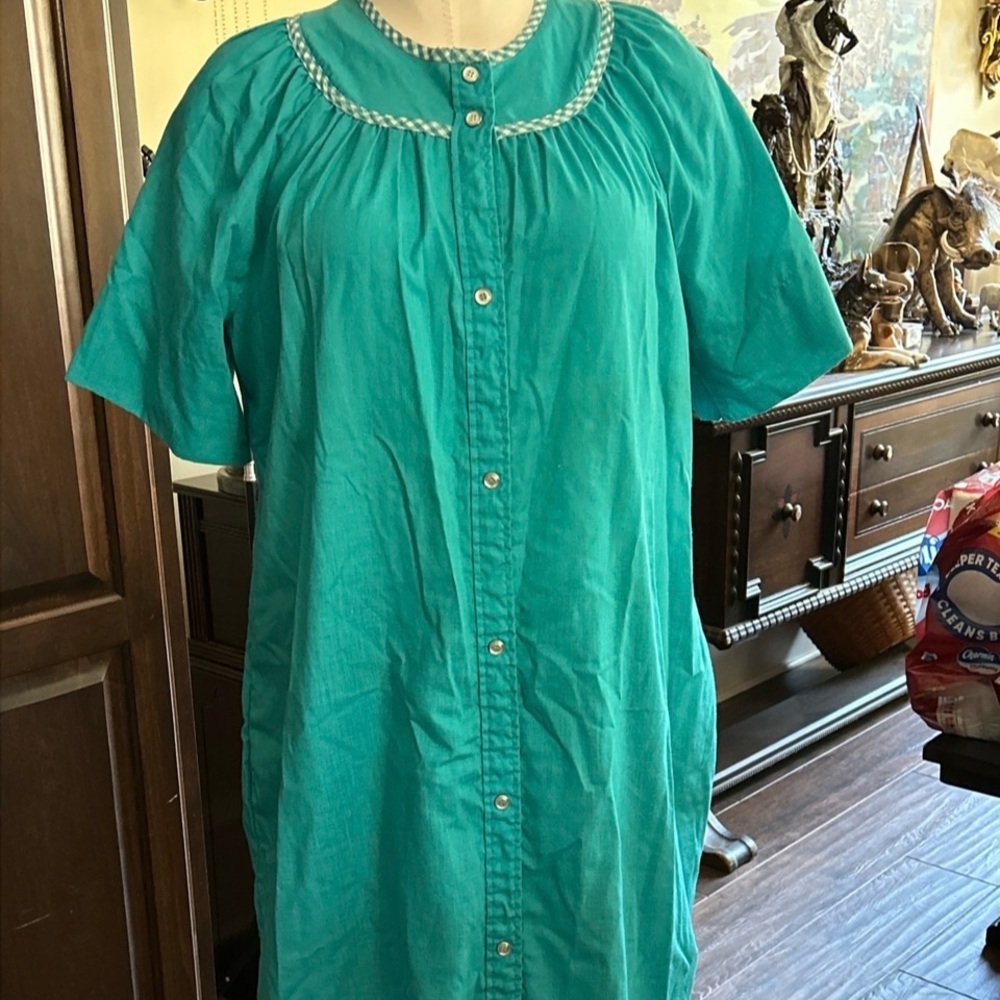 1960’s Jolie Two Teal Button Front House Coat Robe w Gingham Trim Sz 14 GVC